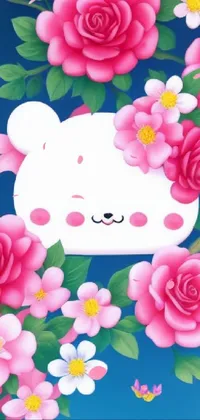 Looking for a charming and soothing live wallpaper? Check out this delightful depiction of a white bear surrounded by pink flowers, designed in a playful Japanese cartoon style