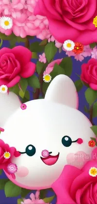 Add a touch of cuteness to your phone's background with this live wallpaper featuring a playful white cat surrounded by pink roses