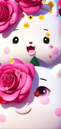 This lively phone live wallpaper boasts cheerful elements, including two white cats perched on a vibrant pink rose bouquet