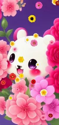 This phone live wallpaper features a cute cuddly teddy bear amidst a beautiful collection of flowers