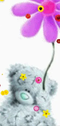 This delightful live wallpaper for your phone features an adorable grey teddy bear holding a lovely purple flower in its mouth