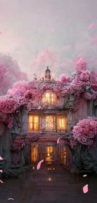 Enjoy the romantic beauty of a pink forest house with this phone live wallpaper