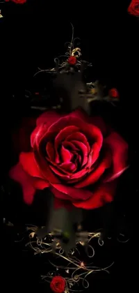 This live wallpaper shows a romantic digital rendering of a red rose against a black background, complete with golden accents and sparkling crystals