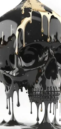 This phone live wallpaper features a black and gold skull sitting on top of a table