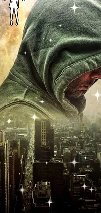 This phone live wallpaper showcases a digital art scene portraying an angry man in a hoodie standing in front of a futuristic cityscape