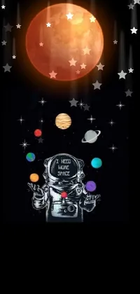 This phone live wallpaper features an astronaut heroically standing against a celestial background consisting of various planets and stars