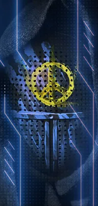 This mobile wallpaper showcases a close-up of a dark hoodie design consisting of deviantart-inspired graphics, a nuclear symbol, and a peace sign