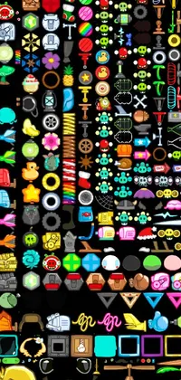 This phone wallpaper features a vibrant array of colorful objects set against a sleek black background