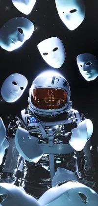 This live phone wallpaper features a mesmerizing digital art composition of a person in a space suit surrounded by masks
