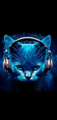 Enhance your phone's appearance with this lively live wallpaper! Enjoy the close-up view of a fuzzy cat wearing headphones in serene surroundings