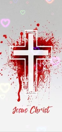 This phone live wallpaper features a striking image of a blood splattered cross over a dark background