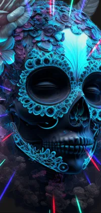 This captivating phone live wallpaper showcases a close-up of a skull decorated with an intricate assortment of vibrant flowers for a truly eye-catching and surreal effect