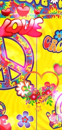 This vibrant live wallpaper for phones features a door decorated with a peace sign, Lisa Frank cartoon, pop art stickers, curtains, and a party vibe