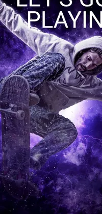 This live wallpaper features a man riding a skateboard through the air, surrounded by vibrant, dynamic colors and a cosmic purple space background