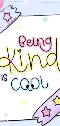 Looking for a colorful and cheerful way to decorate your phone? Look no further than our "Be Kind, Be Cool" wallpaper! Featuring a playful child's drawing of a paper with the message "Be Kind, Be Cool" on it, surrounded by stickers, ribbons, stars, pastel slime, and glitter accents, this lively design is sure to brighten up your day