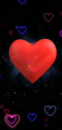 This stunning live phone wallpaper features a vibrant red heart with multiple smaller hearts surrounding it, set against a dark, neon-colored universe