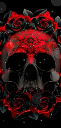 Introducing a stunning live wallpaper designed for phones! This dark and mysterious scene features a dazzling skull set amidst vibrant red roses on a deep black background