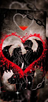 This mobile live wallpaper features a gothic artwork of a couple standing in front of a heart-shaped picture, in black and red colors