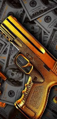 Enhance your phone screen with this trendy live wallpaper featuring a golden gun accompanied by a pile of bills