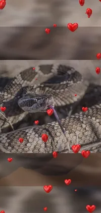 This live phone wallpaper features a black and white image of a snake resting on a heap of hearts