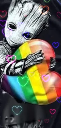 This phone live wallpaper features a colorful t-shirt with a drawing of Baby Groot holding a rainbow heart, symbolizing support for the LGBTQ+ community