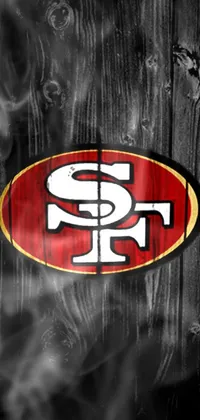 This live phone wallpaper features the San Francisco 49ers logo on a wooden wall backdrop