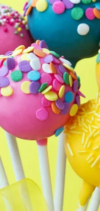 Add a sweet and playful touch to your phone with this f un and colorful live wallpaper! This lively design features cake pops with sprinkles in pastel colors, reminiscent of childhood candy stores