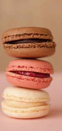 This phone live wallpaper showcases a stack of three macarons with a brown and magenta color scheme and hints of pink and red