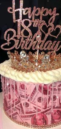 Make your phone screen shine with this luxurious live wallpaper featuring a sparkling birthday cake made of money, crown decorations and pink frosting