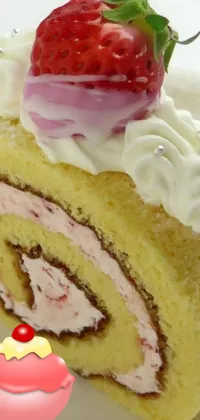 This smartphone live wallpaper showcases a delectable image of a slice of cake crowned with a juicy strawberry