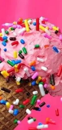 This phone live wallpaper features a close up of an ice cream cone covered in colorful sprinkles with a hot pink background