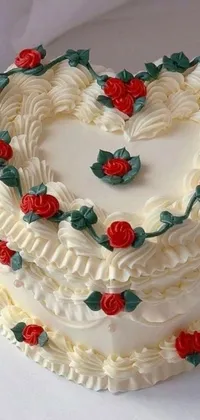 This stunning phone live wallpaper features a heart-shaped cake with ornate details, surrounded by white and red roses, intricate pasta waves, and sparkles