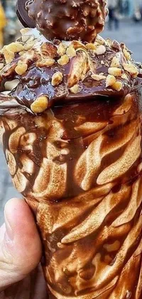 This live wallpaper features a close up of an ice cream cone with chocolate sauce dripping down the sides