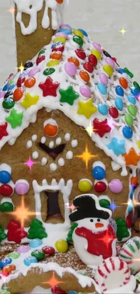 This live wallpaper for phone showcases a meticulously detailed portrayal of a gingerbread house set on a table