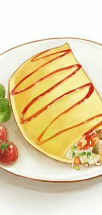 This phone live wallpaper is a stunning combination of a pastel-colored plate filled with a mix of delicious foods, all painted in an anime studio style