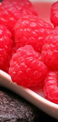 This phone live wallpaper displays a white bowl of raspberries and chocolate chips on a smooth and jelly-like deep pink background