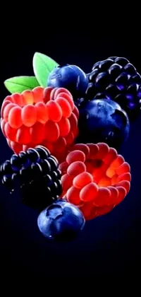 This live wallpaper for  your phone showcases a series of nutritious raspberries and blueberries arranged elegantly on a black background