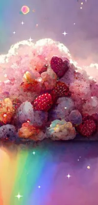 This live phone wallpaper features a colorful and surreal image of food piled on top of a rainbow with a beautiful cloud, glowing moon, and "berries and cream" mountains in the background