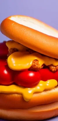 Get your mouth watering by downloading this scrumptious phone live wallpaper of a hot dog with mustard and ketchup on a bun