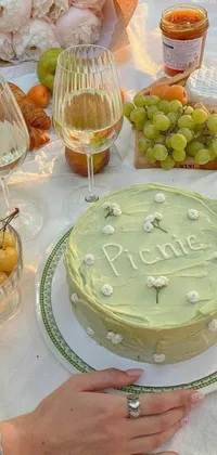 This live phone wallpaper features a delicious green cake resting on a pure white table