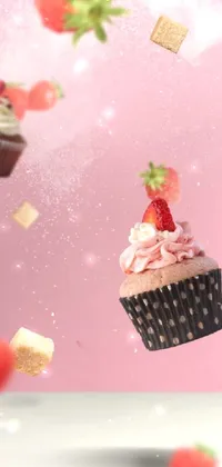 This phone live wallpaper showcases a 4k vertical digital art featuring a cupcake and strawberry flying against a vibrant, spattered background