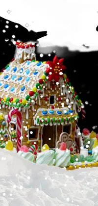 This live phone wallpaper features a winter scene: a gingerbread house on a snow-covered hill