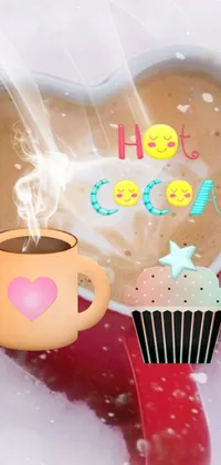 This live wallpaper features a cozy winter scene with a cup of hot coffee and a delicious cupcake on a snowy background