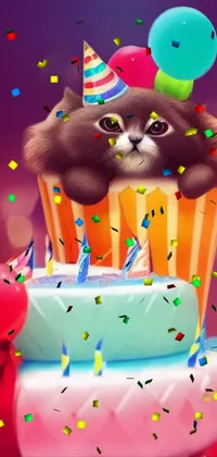Looking for a cute and adorable phone wallpaper? Check out this live wallpaper featuring a digital painting of a furry cat sitting on top of a birthday cake