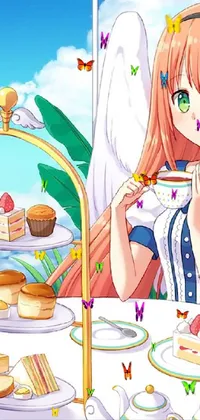 This phone wallpaper depicts a delightful anime scene of a tea party set on a bright, sunny day