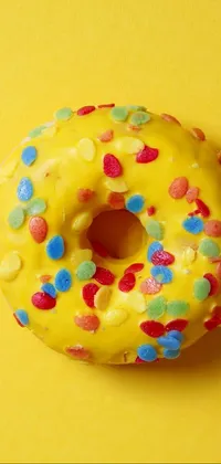 This delightful live wallpaper features a mouthwatering donut covered in plenty of colorful sprinkles on a sunny yellow background