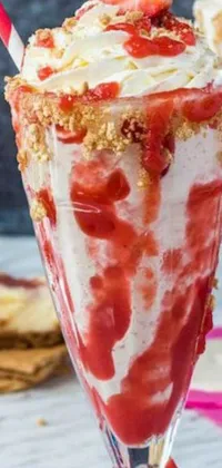 Indulge in the mouthwatering flavors of this live wallpaper featuring an ice cream sundae with strawberries and whipped cream, complete with blood splatter on the sides for a spooky twist