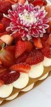 This phone live wallpaper showcases a tantalizing cake with strawberries and bananas that is made of flowers and fruit for a vibrant and fresh look