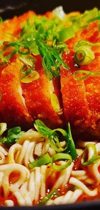 This phone wallpaper features a stunning close-up of a bowl of food with noodles and ham