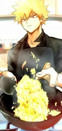This live wallpaper features an image of a man holding a frying pan filled with delicious food